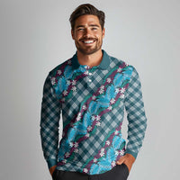 Polynesian Monstera Tiare Floral Long Sleeve Polo Shirt Dark Teal Tropical Plaid - Polynesian Pride
