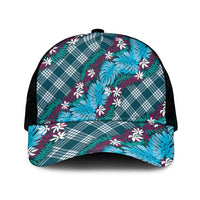Polynesian Monstera Tiare Floral Mesh Trucker Cap Dark Teal Tropical Plaid - Polynesian Pride