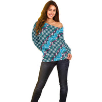 Polynesian Monstera Tiare Floral Off Shoulder Sweater Dark Teal Tropical Plaid - Polynesian Pride