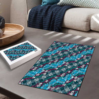 Polynesian Monstera Tiare Floral Puzzle Dark Teal Tropical Plaid - Polynesian Pride
