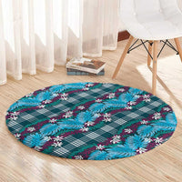 Polynesian Monstera Tiare Floral Round Carpet Dark Teal Tropical Plaid - Polynesian Pride