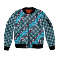 Polynesian Monstera Tiare Floral Sleeve Zip Bomber Jacket Dark Teal Tropical Plaid - Polynesian Pride