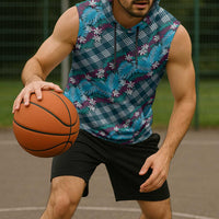 Polynesian Monstera Tiare Floral Sleeveless Hoodie Dark Teal Tropical Plaid - Polynesian Pride