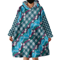 Polynesian Monstera Tiare Floral Wearable Blanket Hoodie Dark Teal Tropical Plaid - Polynesian Pride
