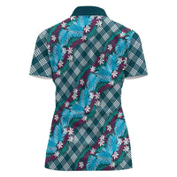 Polynesian Monstera Tiare Floral Women Polo Shirt Dark Teal Tropical Plaid - Polynesian Pride