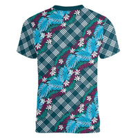 Polynesian Monstera Tiare Floral Women V-Neck T-Shirt Dark Teal Tropical Plaid - Polynesian Pride