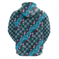Polynesian Monstera Tiare Floral Zip Hoodie Dark Teal Tropical Plaid - Polynesian Pride