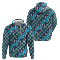 Polynesian Monstera Tiare Floral Zip Hoodie Dark Teal Tropical Plaid - Polynesian Pride