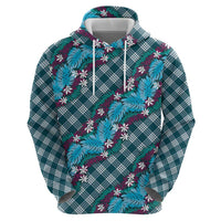 Polynesian Monstera Tiare Floral Zip Hoodie Dark Teal Tropical Plaid - Polynesian Pride