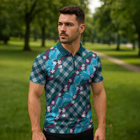 Polynesian Monstera Tiare Floral Zipper Polo Shirt Dark Teal Tropical Plaid - Polynesian Pride