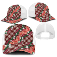 Polynesian Monstera Tiare Floral Baseball Net Cap Burgundy Tropical Plaid - Polynesian Pride