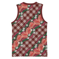 Polynesian Monstera Tiare Floral Basketball Jersey Burgundy Tropical Plaid - Polynesian Pride