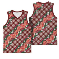 Polynesian Monstera Tiare Floral Basketball Jersey Burgundy Tropical Plaid - Polynesian Pride