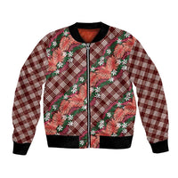 Polynesian Monstera Tiare Floral Bomber Jacket Burgundy Tropical Plaid - Polynesian Pride