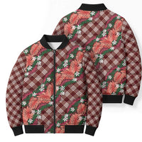 Polynesian Monstera Tiare Floral Bomber Puffer Jacket Burgundy Tropical Plaid - Polynesian Pride