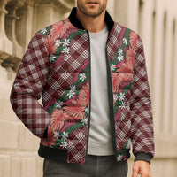 Polynesian Monstera Tiare Floral Bomber Puffer Jacket Burgundy Tropical Plaid - Polynesian Pride