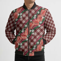 Polynesian Monstera Tiare Floral Bomber Puffer Jacket Burgundy Tropical Plaid - Polynesian Pride
