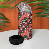 Polynesian Monstera Tiare Floral 4 in 1 Can Cooler Tumbler Burgundy Tropical Plaid - Polynesian Pride