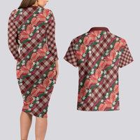 Polynesian Monstera Tiare Floral Couples Matching Long Sleeve Bodycon Dress and Hawaiian Shirt Burgundy Tropical Plaid - Polynesian Pride