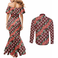Polynesian Monstera Tiare Floral Couples Matching Mermaid Dress and Long Sleeve Button Shirt Burgundy Tropical Plaid - Polynesian Pride