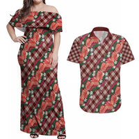 Polynesian Monstera Tiare Floral Couples Matching Off Shoulder Maxi Dress and Hawaiian Shirt Burgundy Tropical Plaid - Polynesian Pride