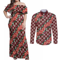 Polynesian Monstera Tiare Floral Couples Matching Off Shoulder Maxi Dress and Long Sleeve Button Shirt Burgundy Tropical Plaid - Polynesian Pride