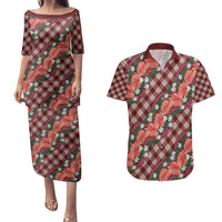Polynesian Monstera Tiare Floral Couples Matching Puletasi and Hawaiian Shirt Burgundy Tropical Plaid - Polynesian Pride