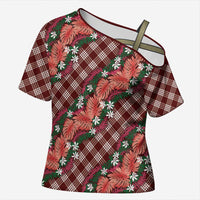 Polynesian Monstera Tiare Floral Cross Shoulder Shirt Burgundy Tropical Plaid - Polynesian Pride