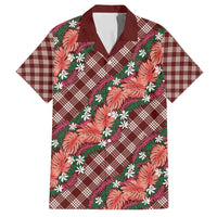 Polynesian Monstera Tiare Floral Family Matching Off Shoulder Short Dress and Hawaiian Shirt Burgundy Tropical Plaid - Polynesian Pride