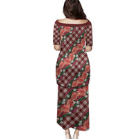 Polynesian Monstera Tiare Floral Family Matching Puletasi and Hawaiian Shirt Burgundy Tropical Plaid - Polynesian Pride
