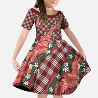 Polynesian Monstera Tiare Floral Family Matching Short Sleeve Bodycon Dress and Hawaiian Shirt Burgundy Tropical Plaid - Polynesian Pride