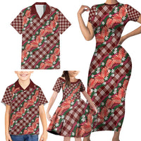 Polynesian Monstera Tiare Floral Family Matching Short Sleeve Bodycon Dress and Hawaiian Shirt Burgundy Tropical Plaid - Polynesian Pride