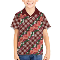 Polynesian Monstera Tiare Floral Kid Hawaiian Shirt Burgundy Tropical Plaid - Polynesian Pride