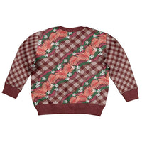 Polynesian Monstera Tiare Floral Kid Ugly Christmas Sweater Burgundy Tropical Plaid - Polynesian Pride