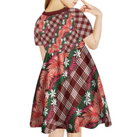 Polynesian Monstera Tiare Floral Kid Short Sleeve Dress Burgundy Tropical Plaid - Polynesian Pride