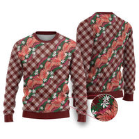 Polynesian Monstera Tiare Floral Ugly Christmas Sweater Burgundy Tropical Plaid - Polynesian Pride