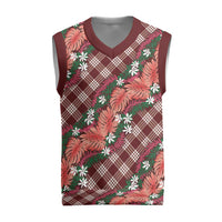 Polynesian Monstera Tiare Floral Christmas Knitted V-Neck Vest Burgundy Tropical Plaid - Polynesian Pride