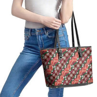 Polynesian Monstera Tiare Floral Leather Tote Bag Burgundy Tropical Plaid - Polynesian Pride