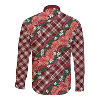 Polynesian Monstera Tiare Floral Long Sleeve Button Shirt Burgundy Tropical Plaid - Polynesian Pride