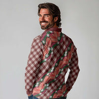 Polynesian Monstera Tiare Floral Long Sleeve Polo Shirt Burgundy Tropical Plaid - Polynesian Pride