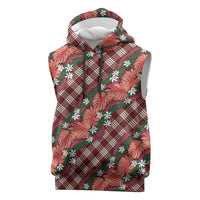 Polynesian Monstera Tiare Floral Sleeveless Hoodie Burgundy Tropical Plaid - Polynesian Pride