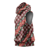 Polynesian Monstera Tiare Floral Sleeveless Hoodie Burgundy Tropical Plaid - Polynesian Pride