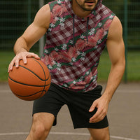 Polynesian Monstera Tiare Floral Sleeveless Hoodie Burgundy Tropical Plaid - Polynesian Pride