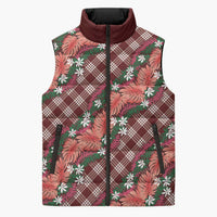 Polynesian Monstera Tiare Floral Sleeveless Puffer Jacket Burgundy Tropical Plaid - Polynesian Pride
