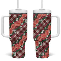 Polynesian Monstera Tiare Floral Tumbler With Handle Burgundy Tropical Plaid LT01 One Size: 40 oz Red - Polynesian Pride