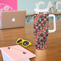 Polynesian Monstera Tiare Floral Tumbler With Handle Burgundy Tropical Plaid LT01 - Polynesian Pride