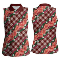 Polynesian Monstera Tiare Floral Women Sleeveless Polo Shirt Burgundy Tropical Plaid - Polynesian Pride