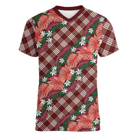 Polynesian Monstera Tiare Floral Women V-Neck T-Shirt Burgundy Tropical Plaid - Polynesian Pride