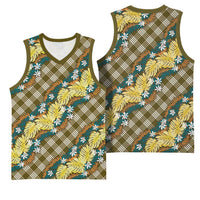 Polynesian Monstera Tiare Floral Basketball Jersey Yellow Tropical Plaid - Polynesian Pride