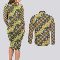 Polynesian Monstera Tiare Floral Couples Matching Long Sleeve Bodycon Dress and Long Sleeve Button Shirt Yellow Tropical Plaid - Polynesian Pride